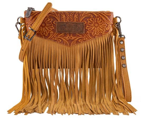 WG63-181 YL Wrangler Vintage Floral Tooled Collection Fringe Wristlet/Crossbody