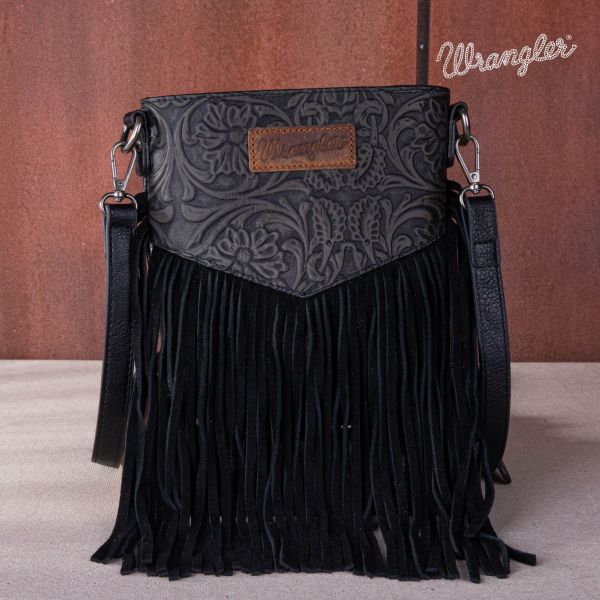 WG63-G8360A BK Wrangler Vintage Floral Embossed Fringe Crossbody 