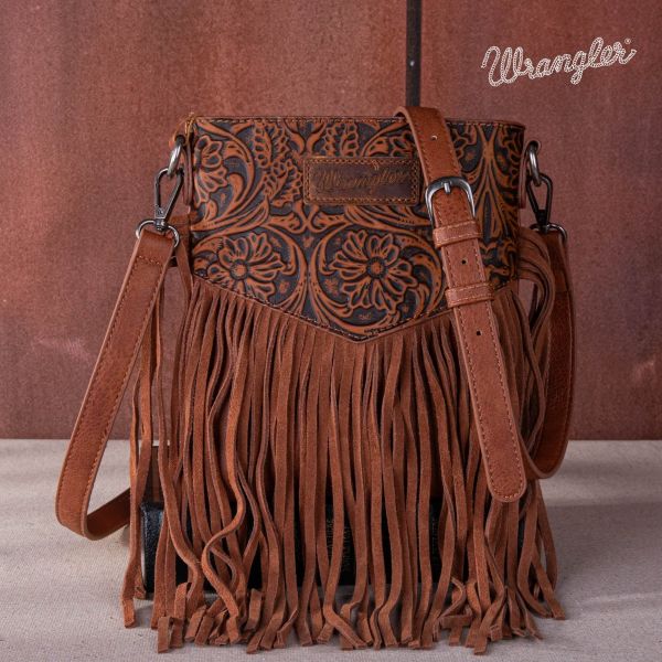 WG63-G8360A BR Wrangler Vintage Floral Embossed Fringe Crossbody 