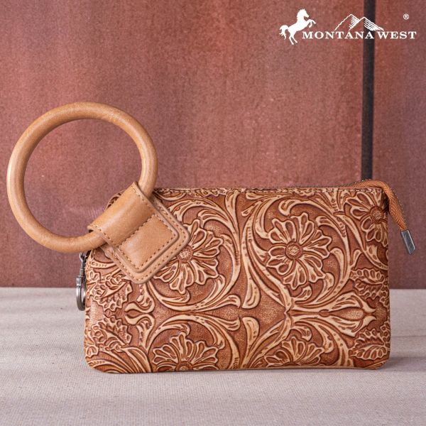 MW1260-B181 BR  Montana West Floral Tooled Ring Handle Wristlet Clutch Bag