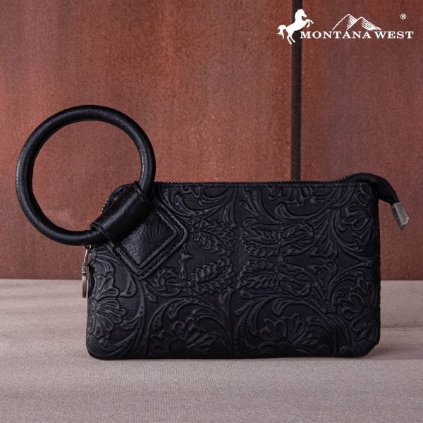 MW1260-B181 BK  Montana West Floral Tooled Ring Handle Wristlet Clutch Bag