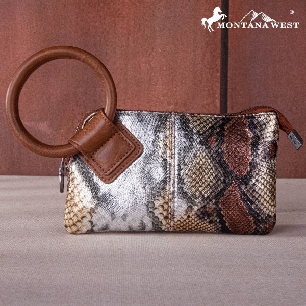 MW1260-181 BR Montana West Snake Print Ring Handle Wristlet Clutch Bag