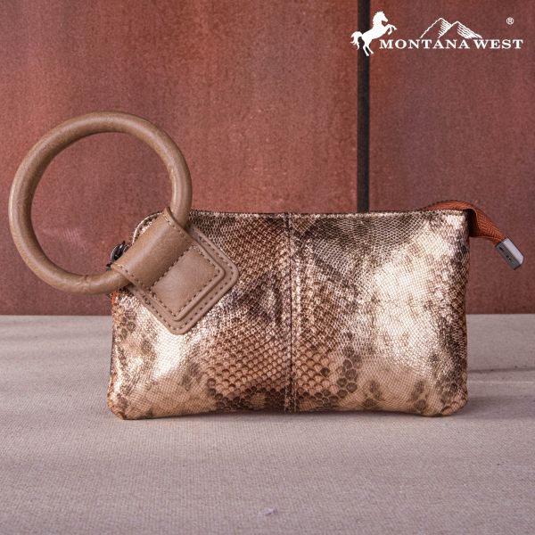 MW1260-181 BZ Montana West Snake Print Ring Handle Wristlet Clutch Bag