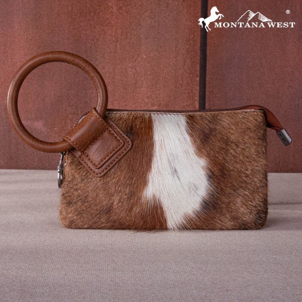 MW1260-A181 BR Montana West Genuine Hair-On Cowhide Ring Handle Wristlet Clutch Bag