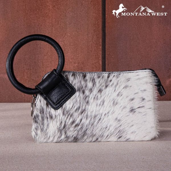 MW1260-A181 BK Montana West Genuine Hair-On Cowhide Ring Handle Wristlet Clutch Bag